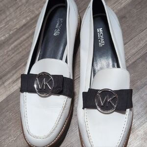 Michael Kors White Leather Loafers with Black Grosgrain Ribbon and MK Medallion